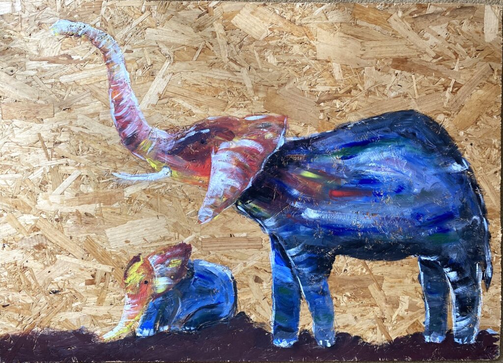Elephants, a work of art by [Anonymous], Acyrlic on chipboard
