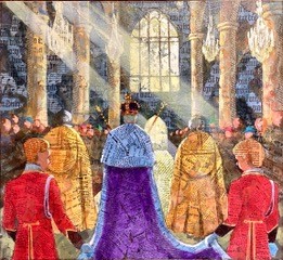 The King leaves the Abbey, mixed media on board, by artist John Tordoff