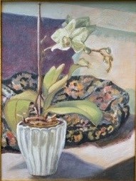 Green Orchid with Victorian Velvet, an oil painting by artist Antonia Robertson