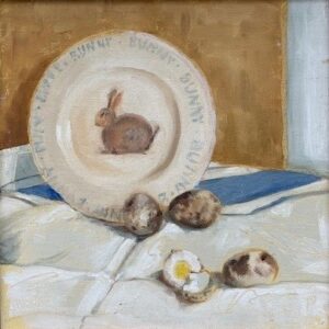 Quail's Eggs and China, an oil painting by artist Antonia Robertson